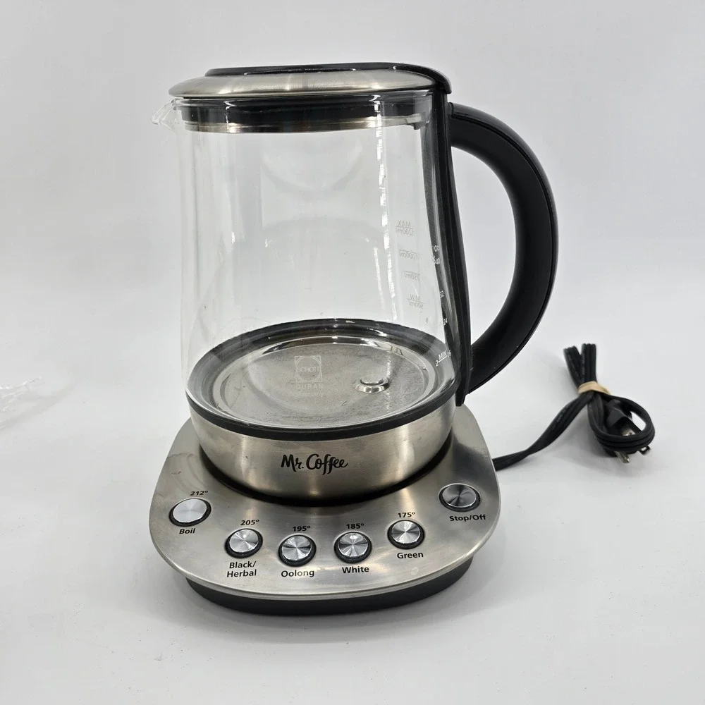 Mr. Coffee Electric Tea Kettle Schott Duran Glass Silver 1.2L 5 Cup